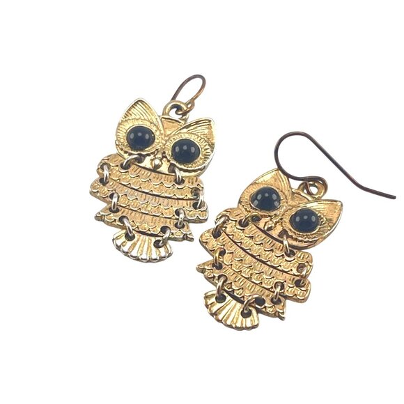 Gold-Tone Owl Dangle Earrings With Black Accents For Women - Picture 3 of 7